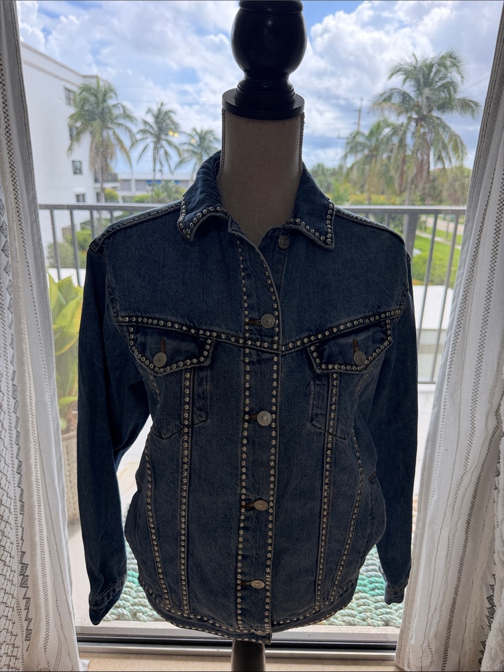 Topshop Brand Studded Dark Blue Moto Denim Jacket